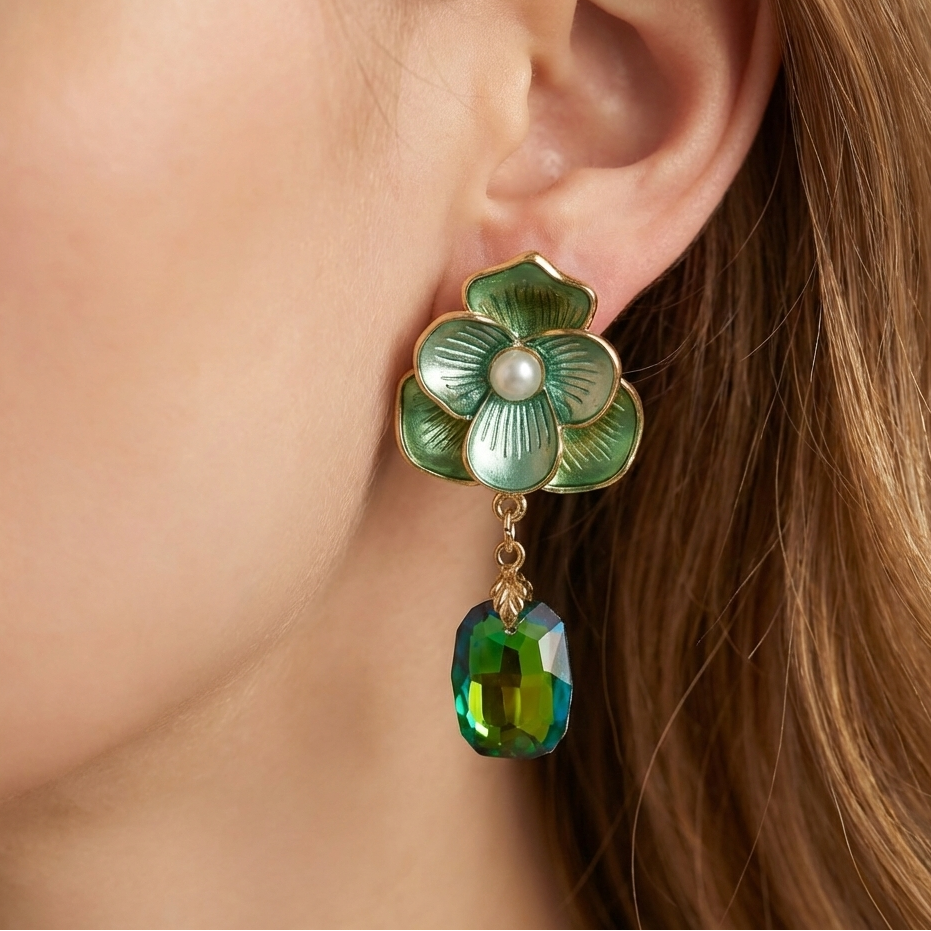 Premium Green Floral Stone Earrings