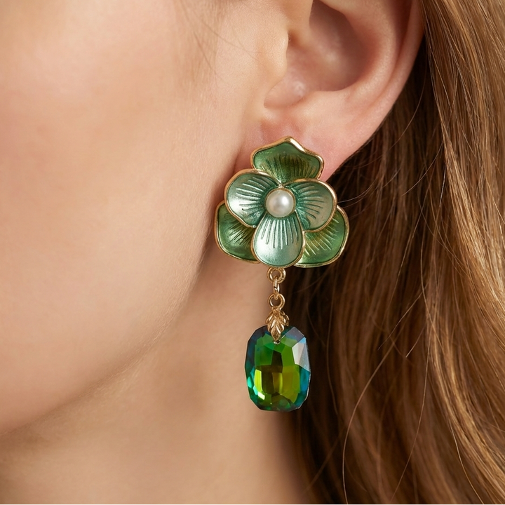 Premium Green Floral Stone Earrings