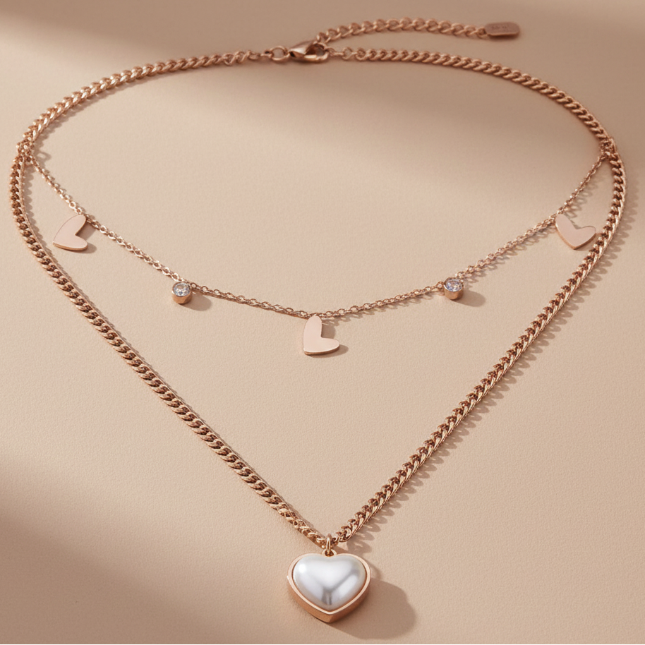 Pearl Heart 2 Layer Chain Necklace