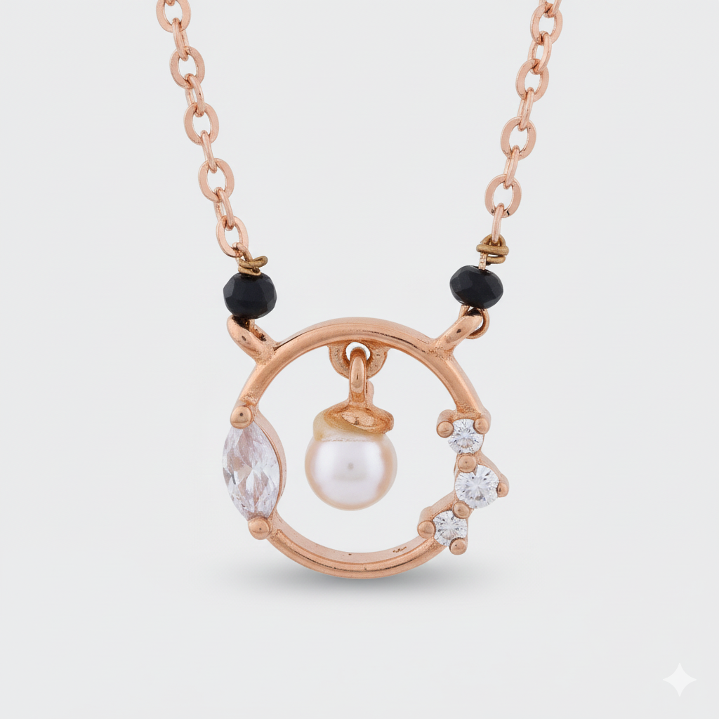 Delicate necklace with a pearl pendant on a light gray background