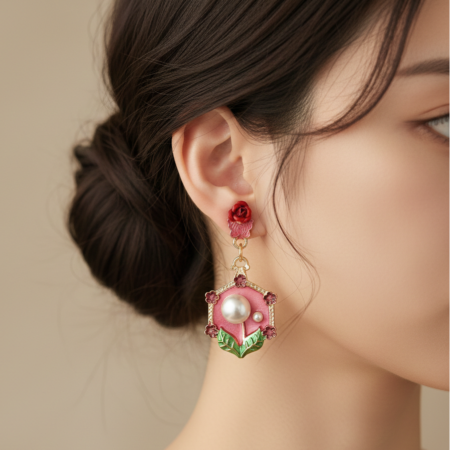 Rose Pearl Hexa Drops Earrings