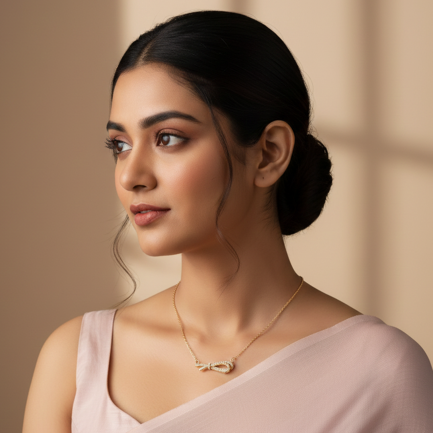 Woman wearing a pink saree with a gold necklace against a beige background