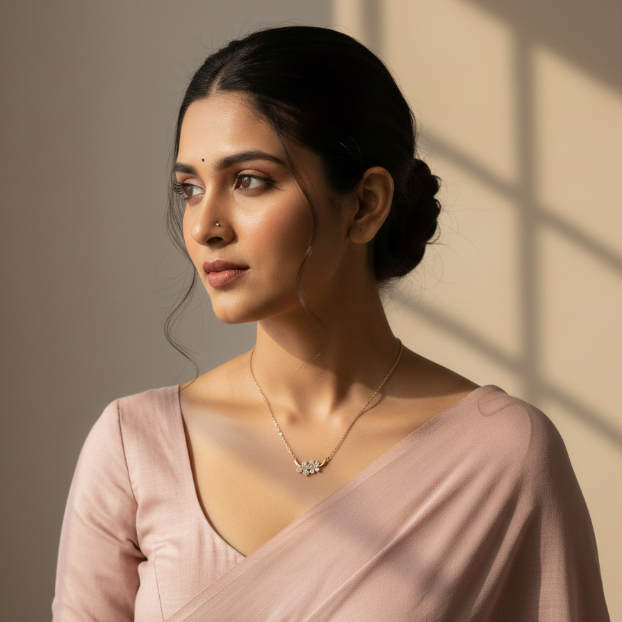 Woman wearing a pink saree with a neutral background