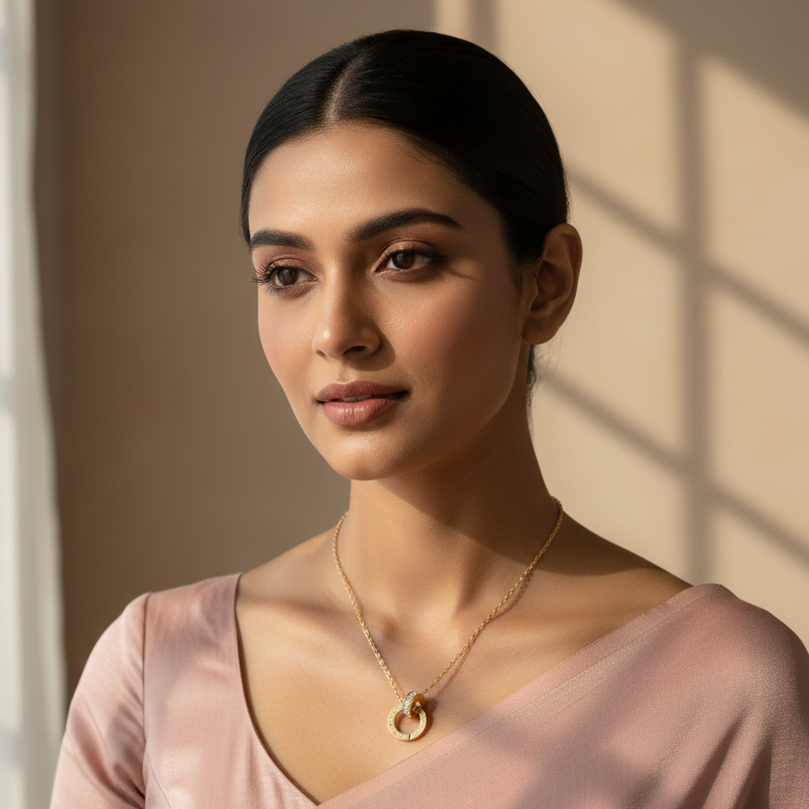 Woman wearing a gold necklace in a softly lit room