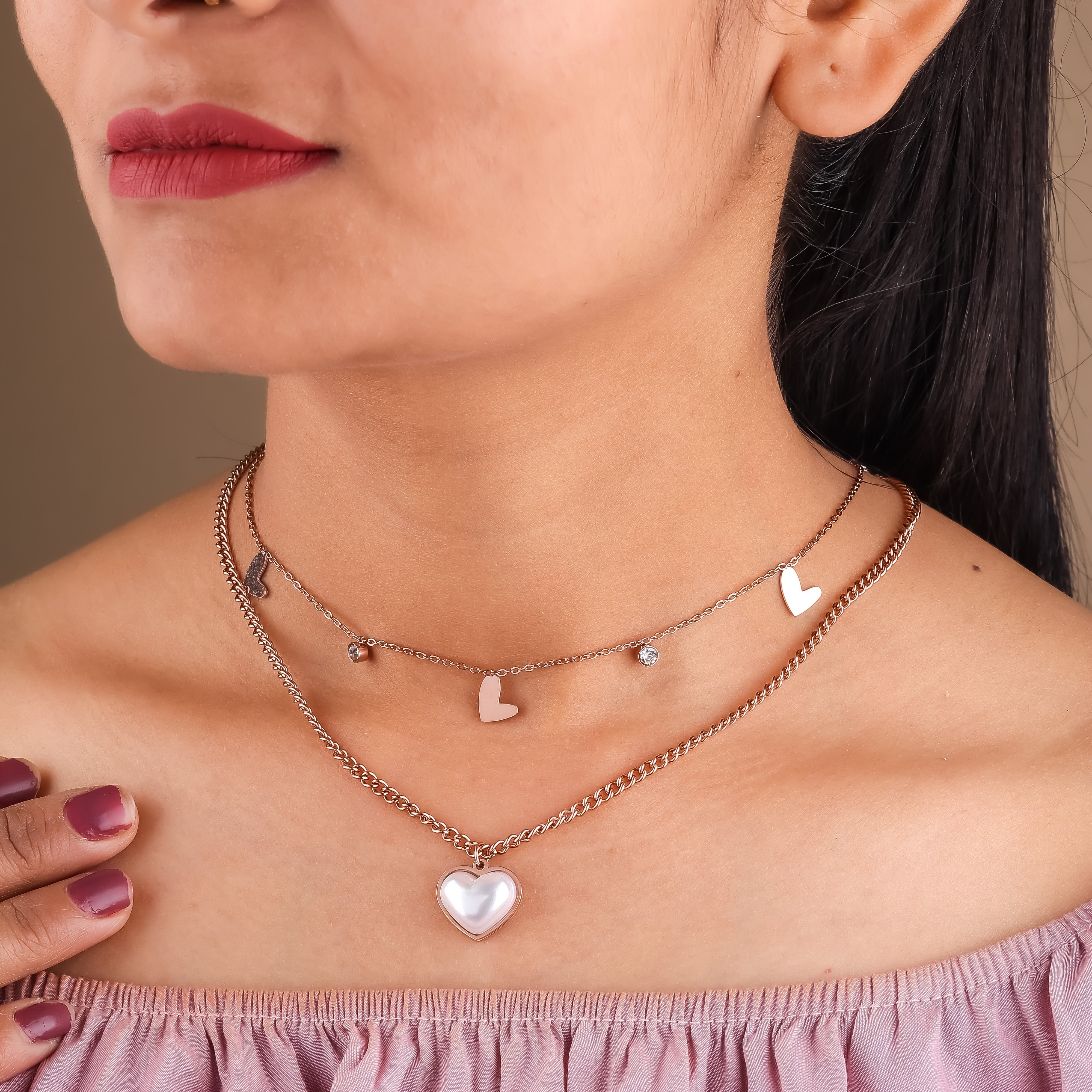 Pearl Heart 2 Layer Chain Necklace
