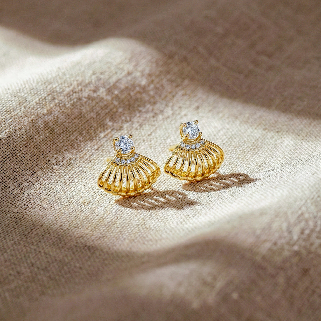 Shell Crystal Gold Stud Earrings